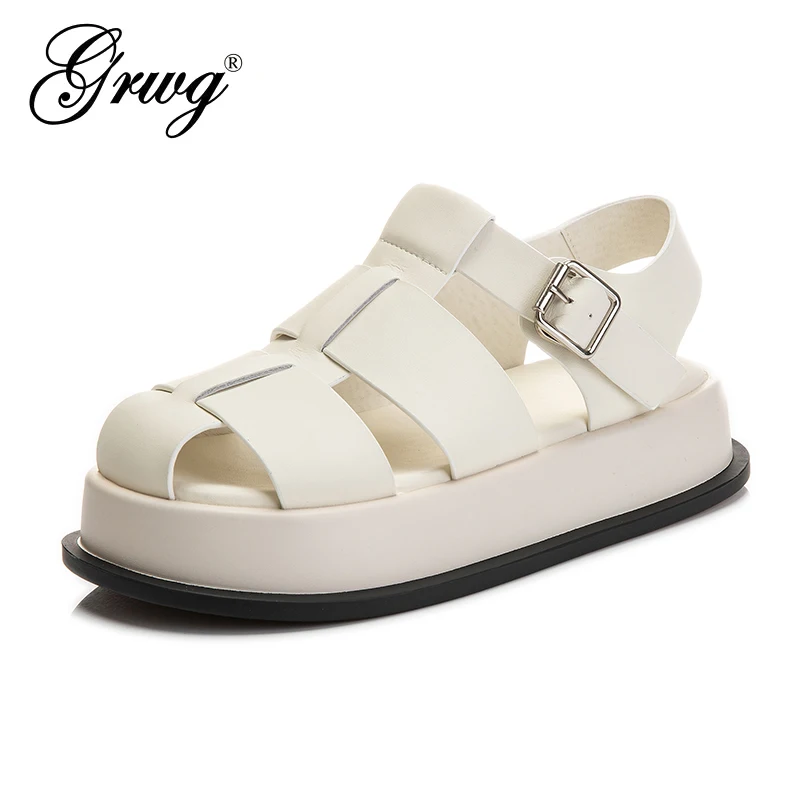 

Genuine Leather Women Sandals Closed Toe Summer New Ladies Roman Sandals Leisure Thick Soled Fashion Woven Women's Shoes Sandals