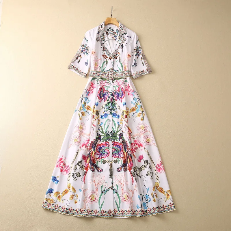 

European and American women's clothes 2023 spring new Suit collar Five-point sleeve nail bead printing Fashion Belt Dress