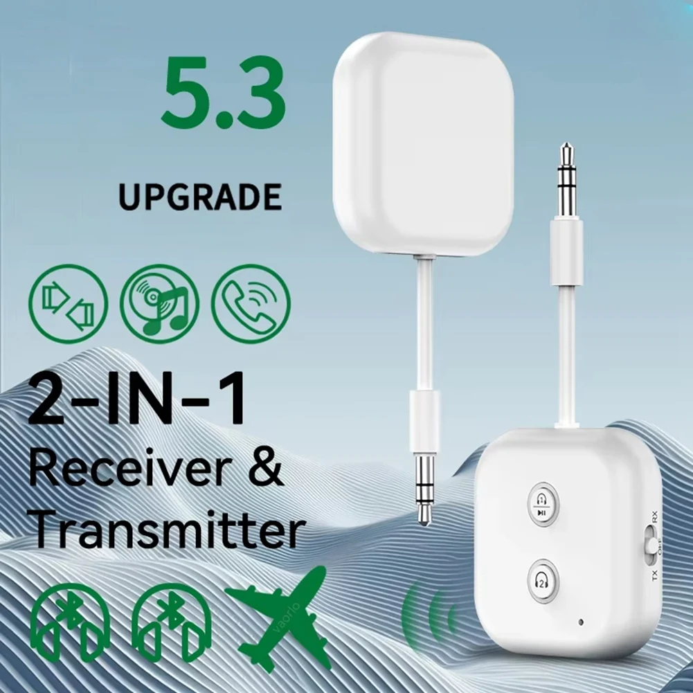 (A75T) 2 in 1 블루투스 5.3 오디오 송수신기 3.5MM AUX 스테레오 무선 어댑터 (차량, 비행기, TV, PC용 마이크 포함)