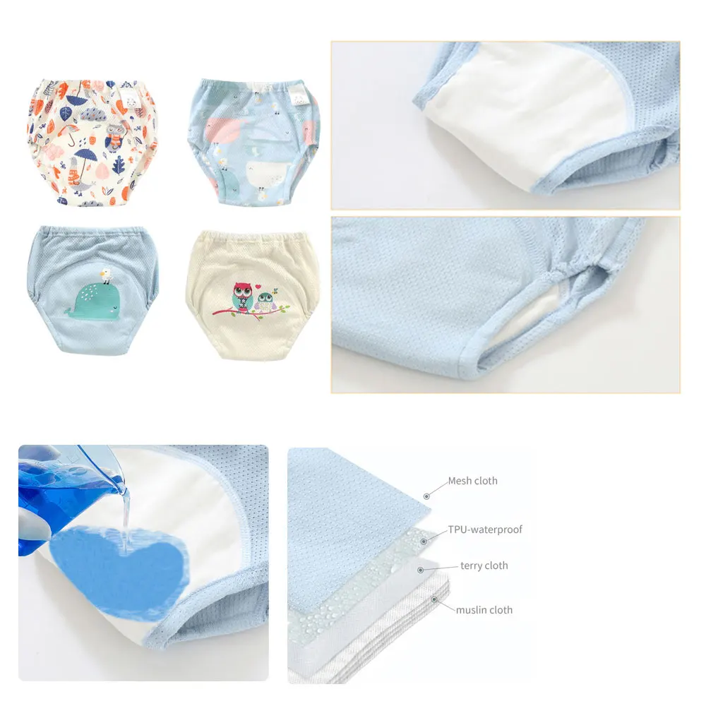 

4pcs Children Learning Panties Washable Baby Cloth Diaper 100% Cotton 4 Layers Gauze Breathable Reusable Toilet Training Kids