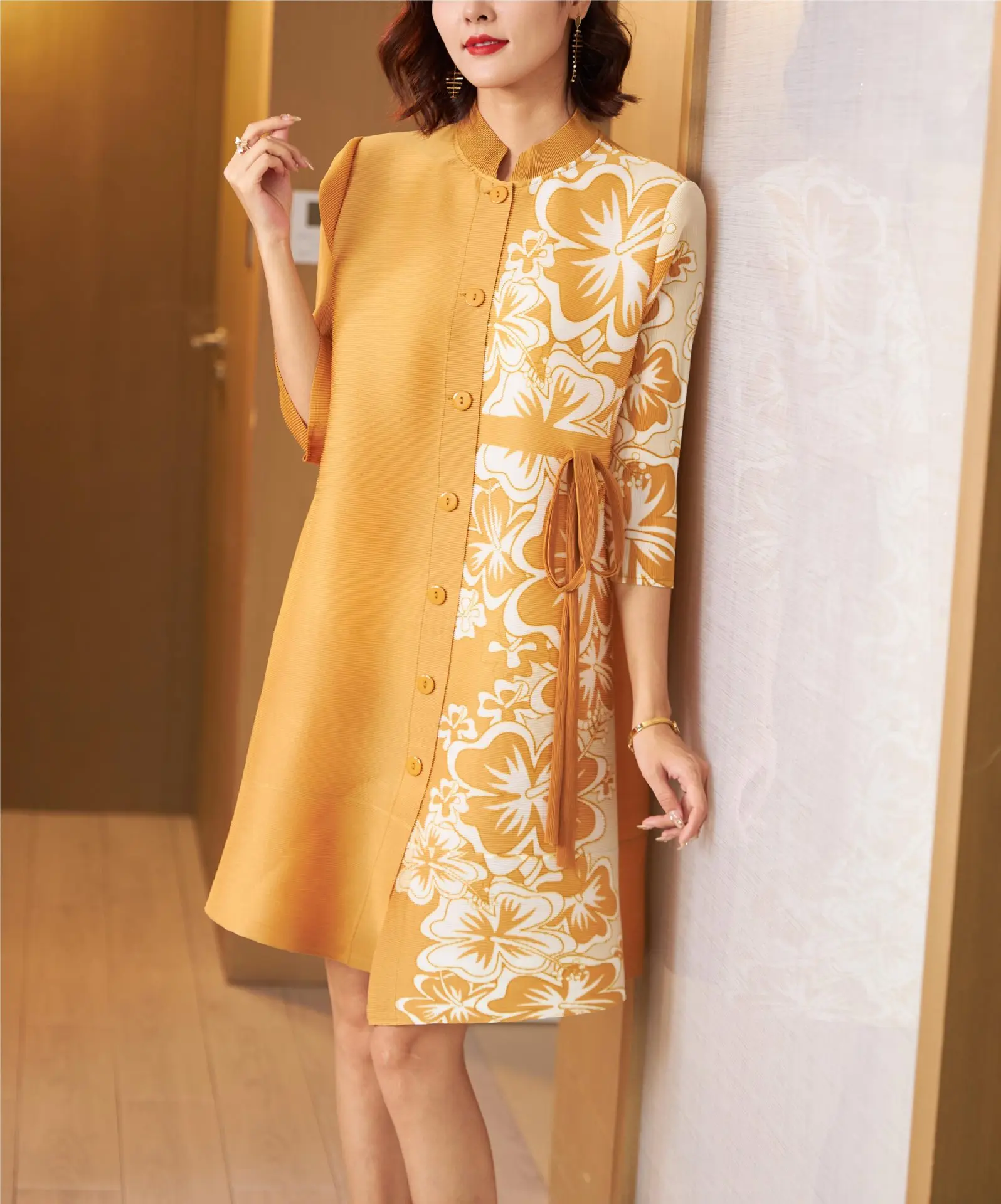 

Женское платье с воротником-стойкой, однобортное свободное Плиссированное Платье До Колена с рукавом три четверти и принтом, осень 2022