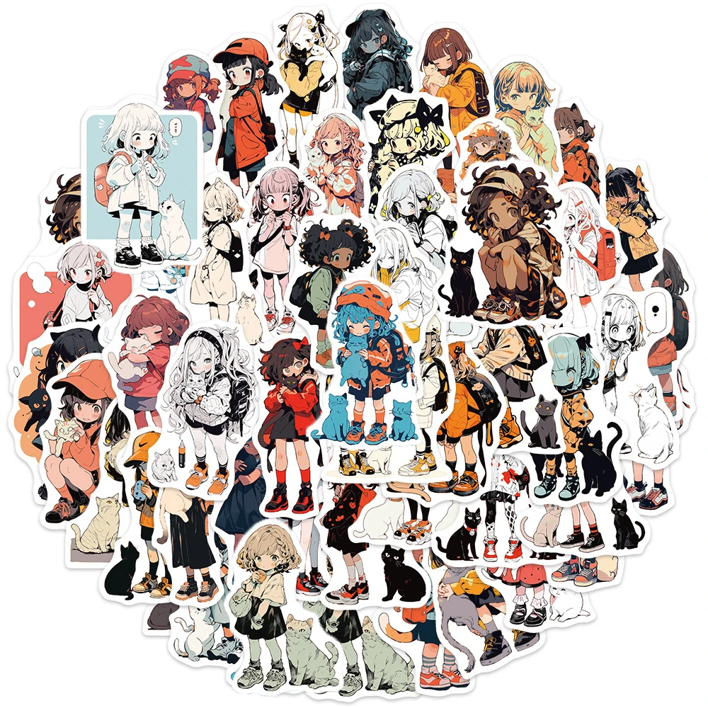 

10/50Pcs Cartoon Cute Girl Cat Varied Stickers Pack for Kids Scrapbooking Travel Luggage Notebook Car Decoration Graffiti Decals