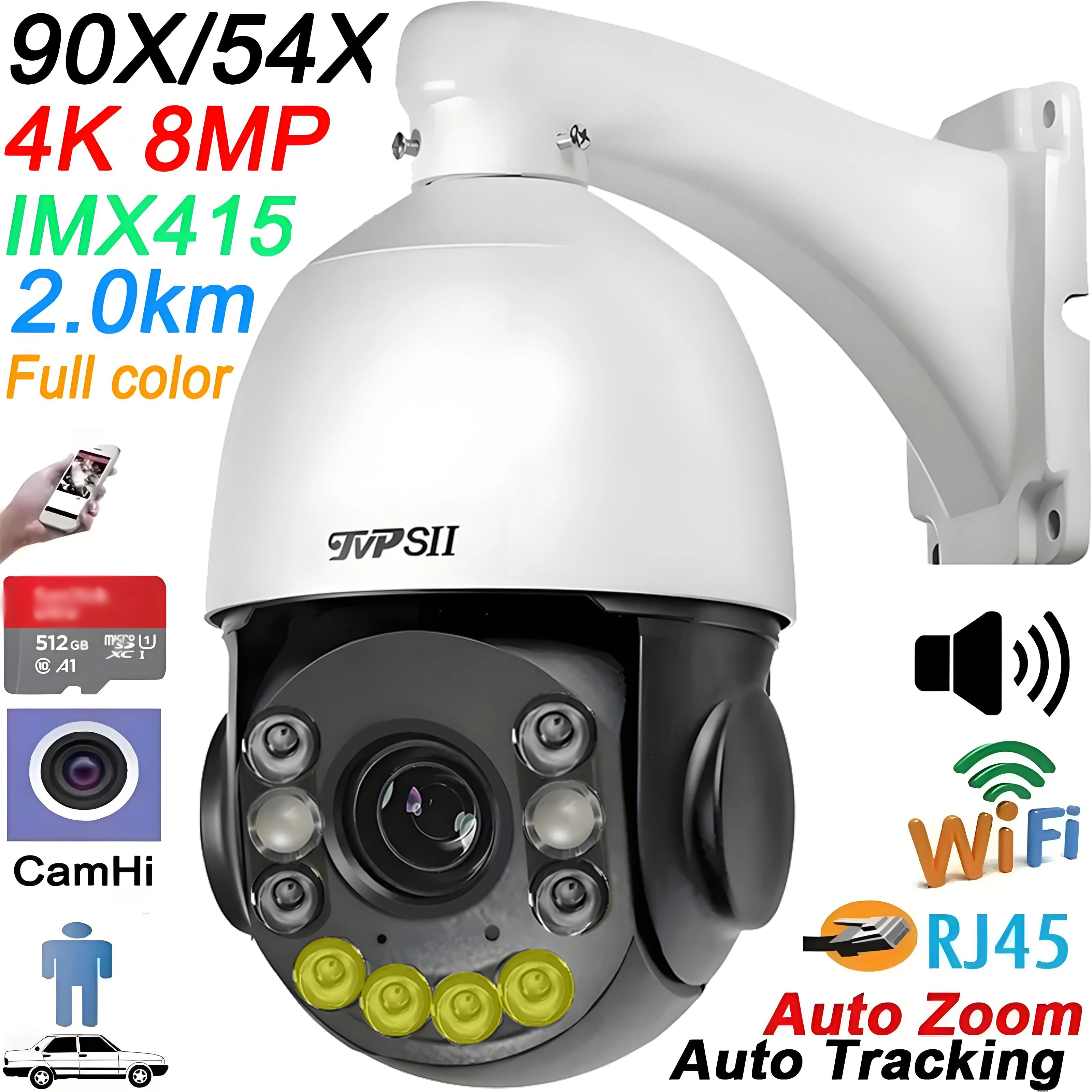 Max.512G Metal Full Color Camhi 8MP 4K 90X Optical Zoom Auto Tracking Audio 360° 2.4GHz 5GHz WIFI Rj45 PTZ Speed Dome IP Camera 1