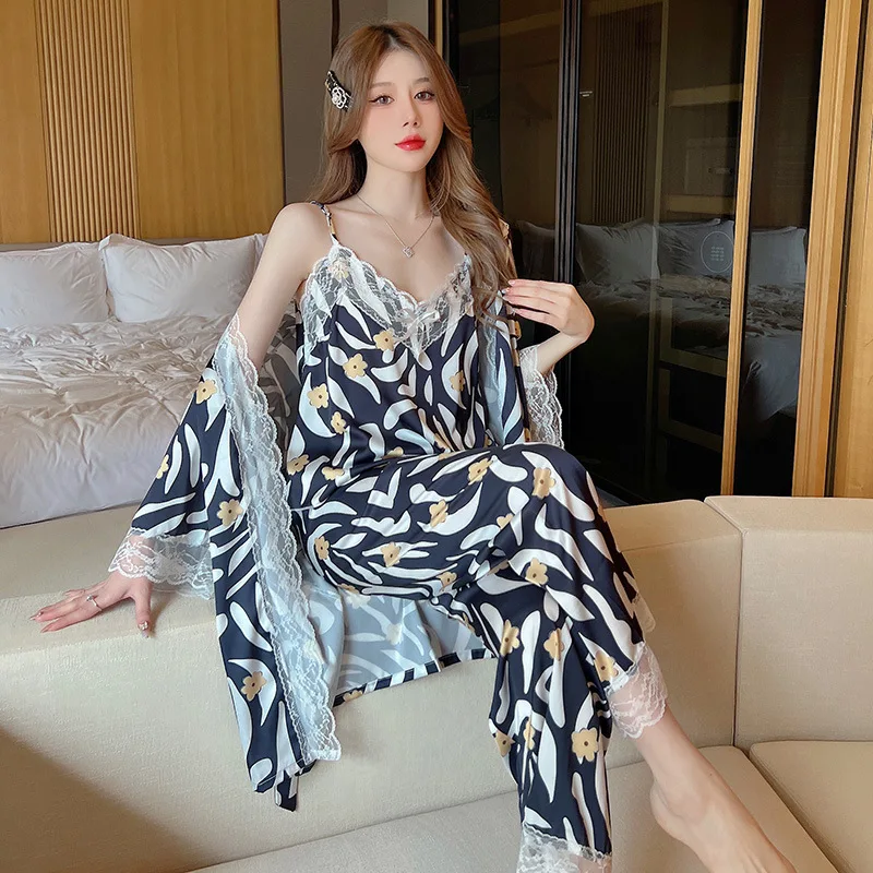 

3PCS Bathrobe Pyjamas Set Women Satin Lace Robe Sleepwear Pajamas Set Loungewear Sexy Strap Top&pants Sleep Suit Home Clothes