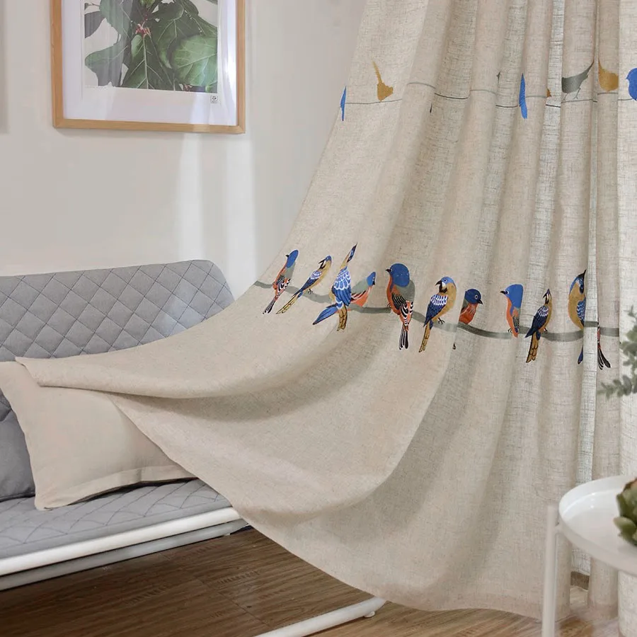 刺繍鳥カーテンリビングルームのためのリネン生地カーテン鳥布白soild