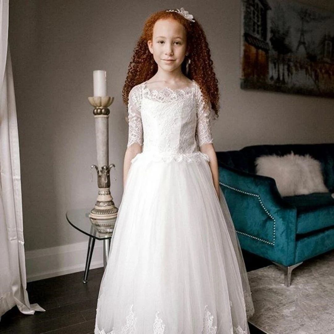 

Flower Girls Dresses 2023 Applique Hi-Lo Tulle Kids Wedding Party Dress Princess A-Line Puffy Child Bridel Gown