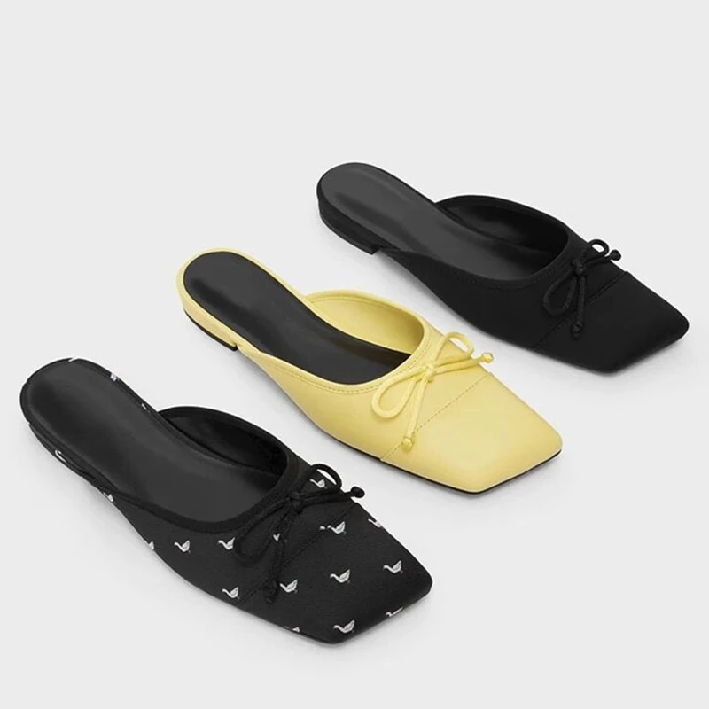 Novelty Square Toe Bowtie Slippers Woman Flats Low Heels Shoes Ladies Shallow Mules Ninja Sandals Femme Home&Outside Slides 2023