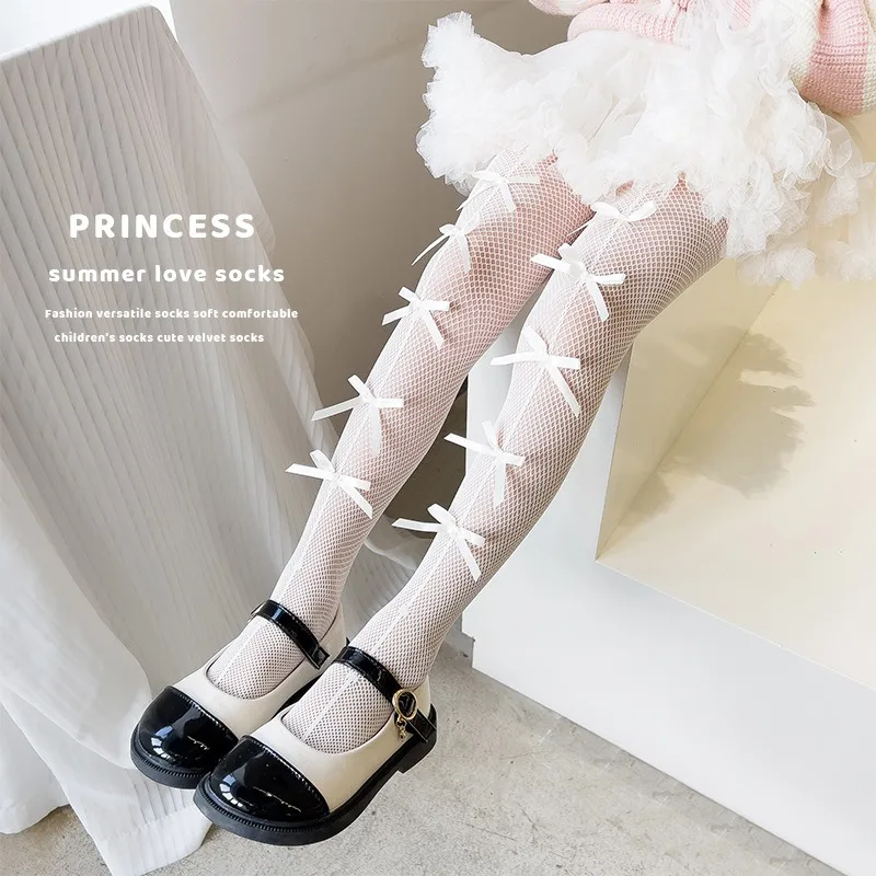 Children Baby Cute Bows Black White Mesh Tights for Kids Girl Sweet Princess Bowknot Pantyhose Fishnet Lolita Stocking Socks