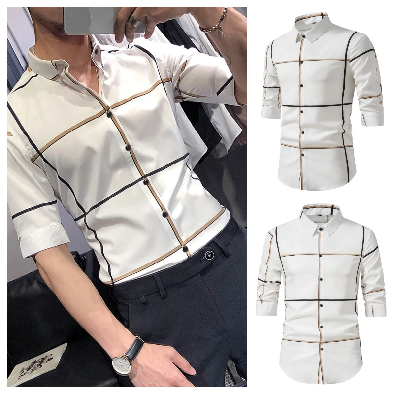 

2023 New Men's Summer Short Sleeve Lapel Stripe Shirt Fashion Business Casual Thin Slim Comfortable Breathable Men Clothing