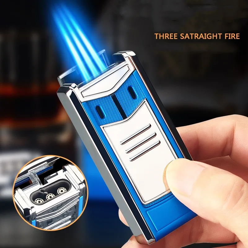 

High Pressure Injection High Fire Gas Lighter Adjustable Windproof Three Straight Blue Flame Professional Cigar Torch Men's Gift