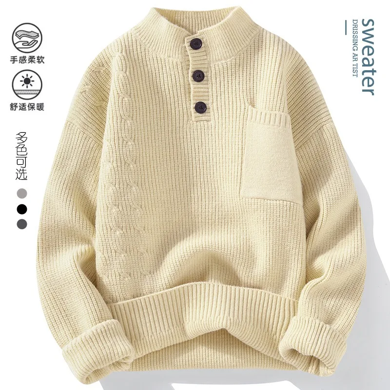 Trendy Solid Color Men Knitted Sweaters Half High Collar Button Pullover Tops Autumn Winter Versatile Knitwear Men Clothing 2