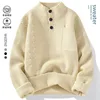 Trendy Solid Color Men Knitted Sweaters Half High Collar Button Pullover Tops Autumn Winter Versatile Knitwear Men Clothing 2