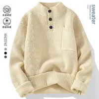 Trendy Solid Color Men Knitted Sweaters Half High Collar Button Pullover Tops Autumn Winter Versatile Knitwear Men Clothing 2