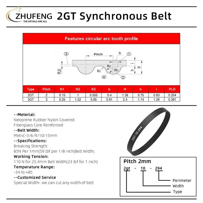 GT2 Closed Timing Belt 3D Printer 6mm Loop Rubber 2GT 264 280 284 288 300 310 320 330 340 350 360 370 390mm Length