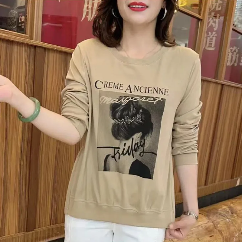 

Spring and Autumn Women's T-shirt Pullover Round Neck Solid Letter Print Long Sleeve Vacation Fashion Casual Commuter Loose Tops