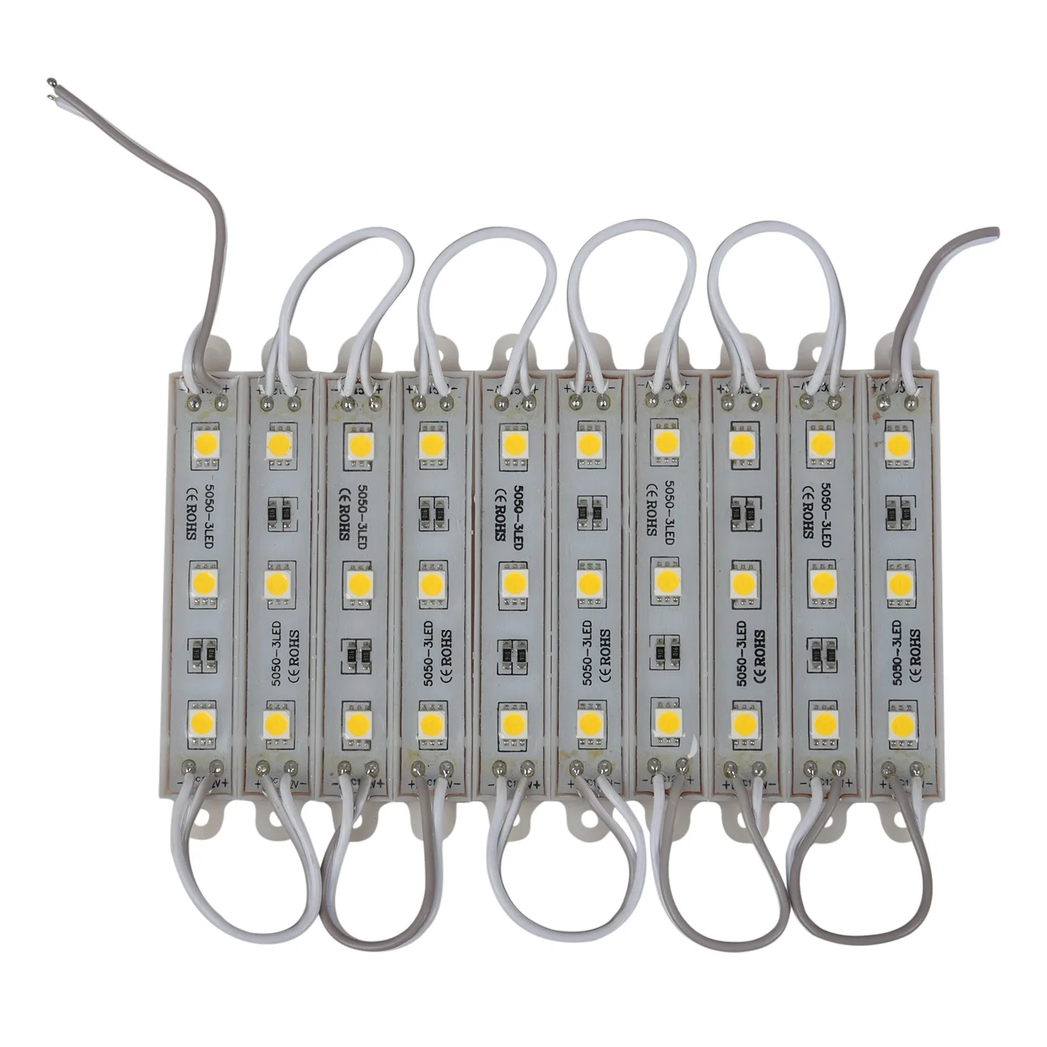 5050 SMD 3 LED 모듈 스트링 라이트, 방수 DC 12V, 따뜻한 흰색, 1*10 개
