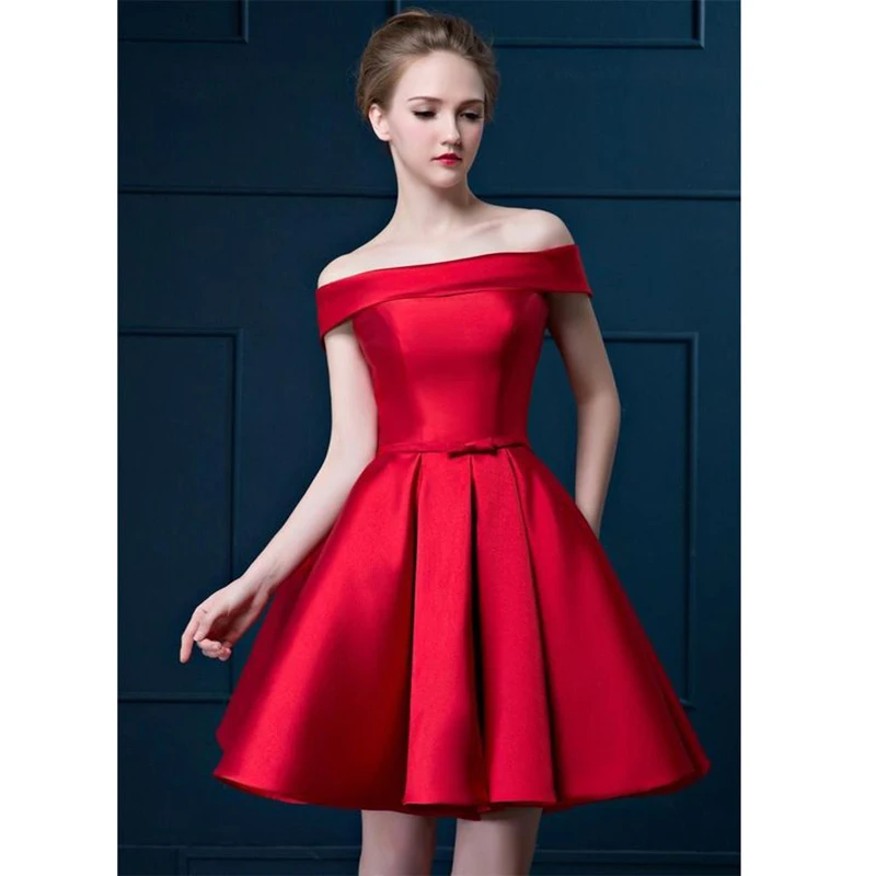 Golden Off The Shoulder A Line Cocktail Dresses Lace Up Satin Short Party Dresses Elegant Wedding Bridesmaid Gowns Evening Gowns