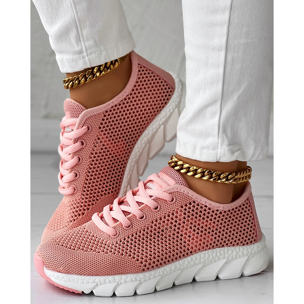Women Hollow Out Breathable Mesh Lace-up Sneakers Daily Casual Round Toe Sports Shoes Spring Sneakers Going Out Pink Flats Shoes
