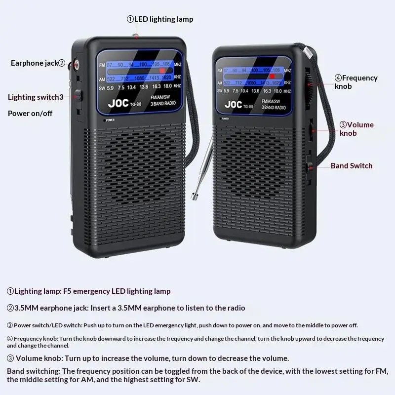 휴대용 FM/AM/SW 라디오 배터리 FM 수신기 3.5mm 헤드폰 잭이 있는 탁월한 수신력의 선명한 스피커 노인용 LED 조명
