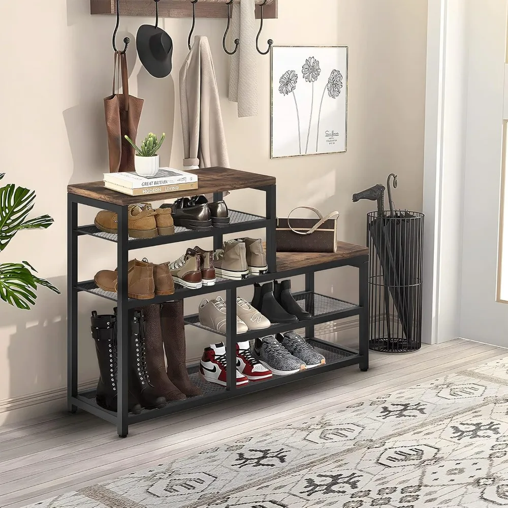 5-Tier Shoe Rack Bench Shoe Storage Organizer w/Seat, Industrial Free Standing Rack Shelves for Entryway, Hallways, Closets