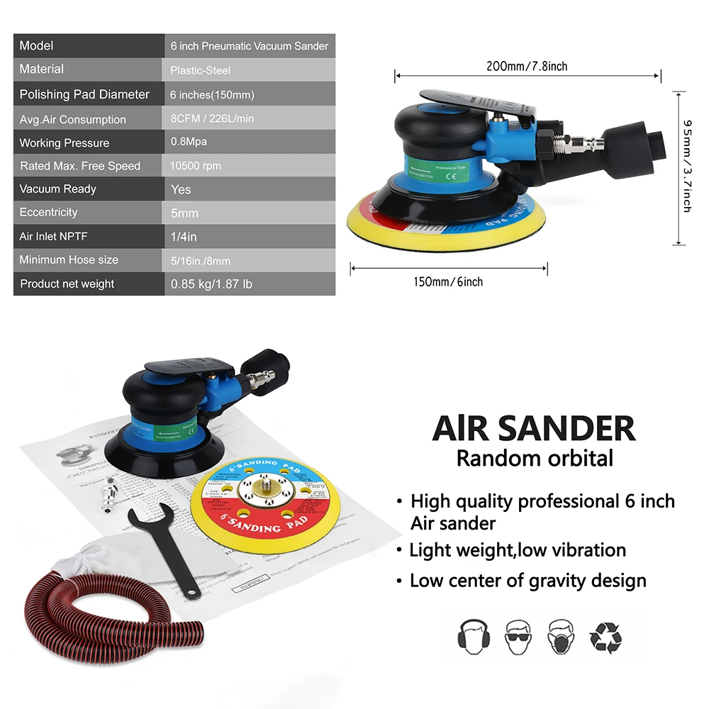 VALIANTOIN Pneumatic Sanding Machine 125MM/150MM Eccentric 5MM Vacuum Grinder Orbital Sander Palm Pneumatic Polisher