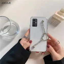 Transparent Soft Silicone Phone Case with 3D Love Heart Wriststrap Chain for TCL 30SE (Clear)