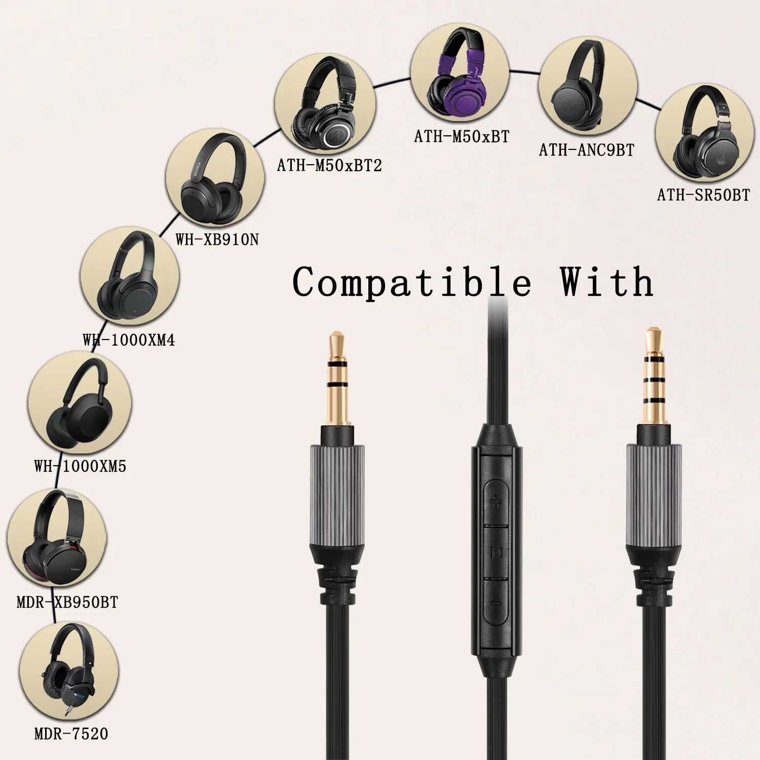 Compatible with Sony WH-1000XM5, XM4, XM3,XM2,MDR-100AAP, MDR-1ABP, MDR-1AM2, MDR-H600A, MDR7520 headphone audio cable