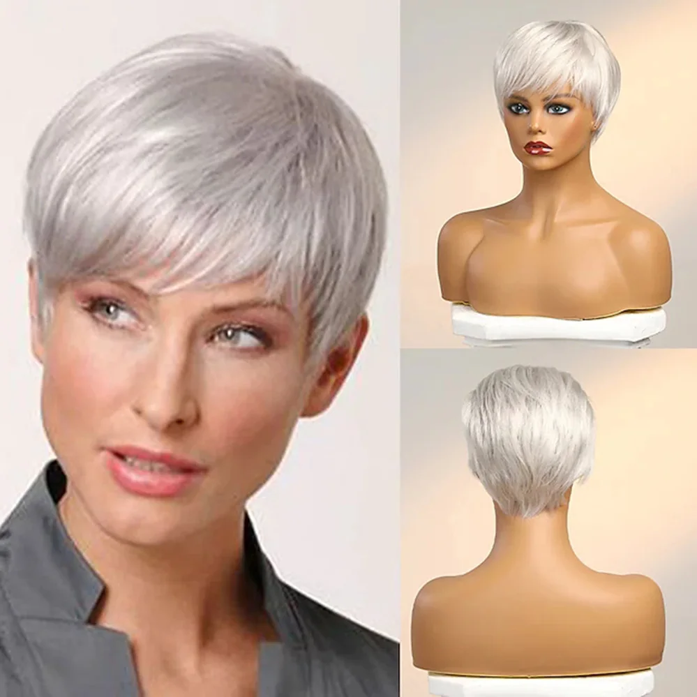 

Grey Color Costume Wig Short straight Pixie Cut Full Machine Made Heat Resistant Fiber synthetic Hair Wig With Bangs for women