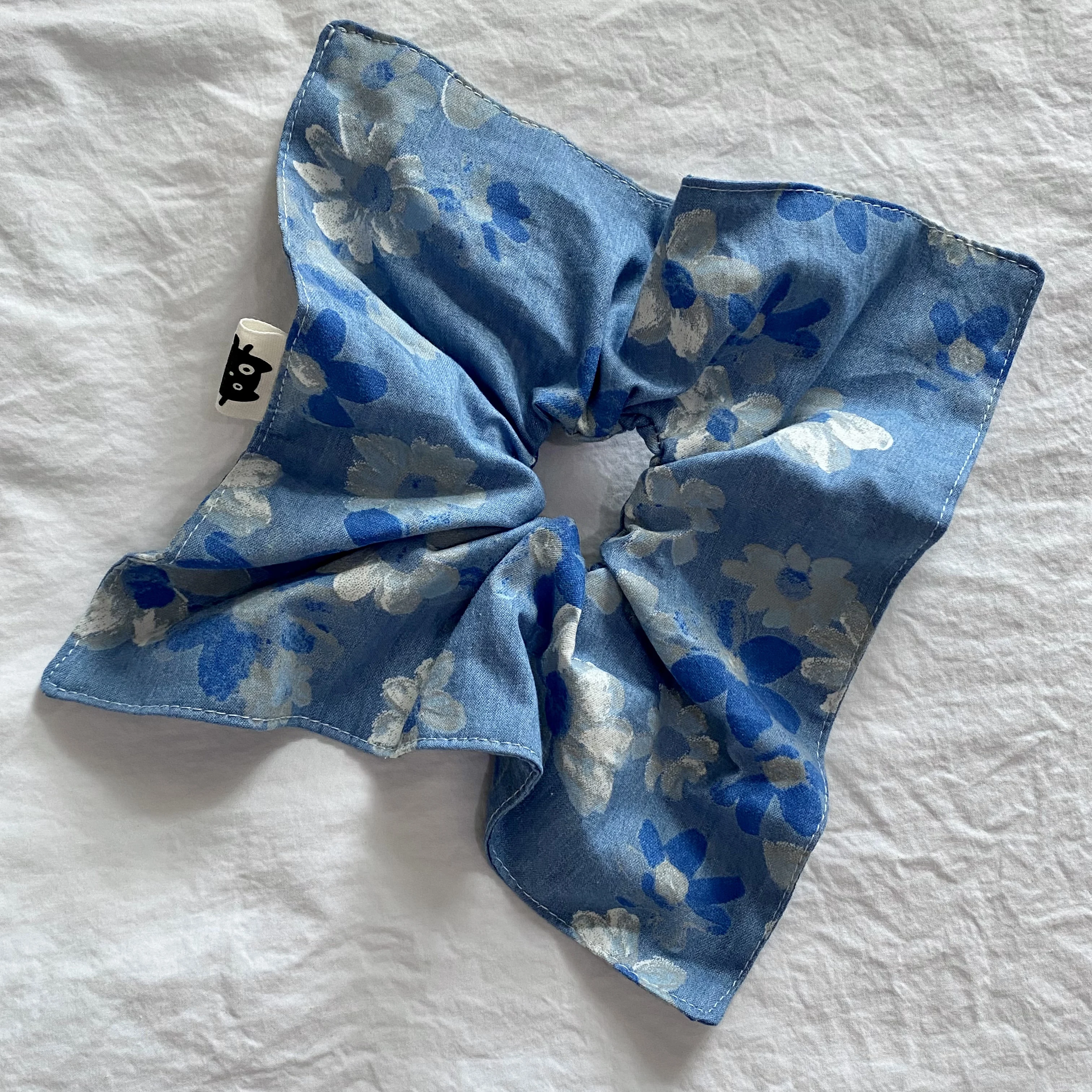 1PC Artistic Blue floral denim hair scrunchie, large square - shaped hair tie, unique and stylish hair accessory for women