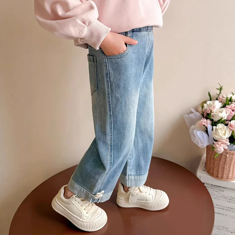 여아 캐주얼 데님 바지 부드러운 면 키즈 청바지 봄 가을 루즈핏 바지 사랑스러운 데일리룩 아동용 90cm-140cm