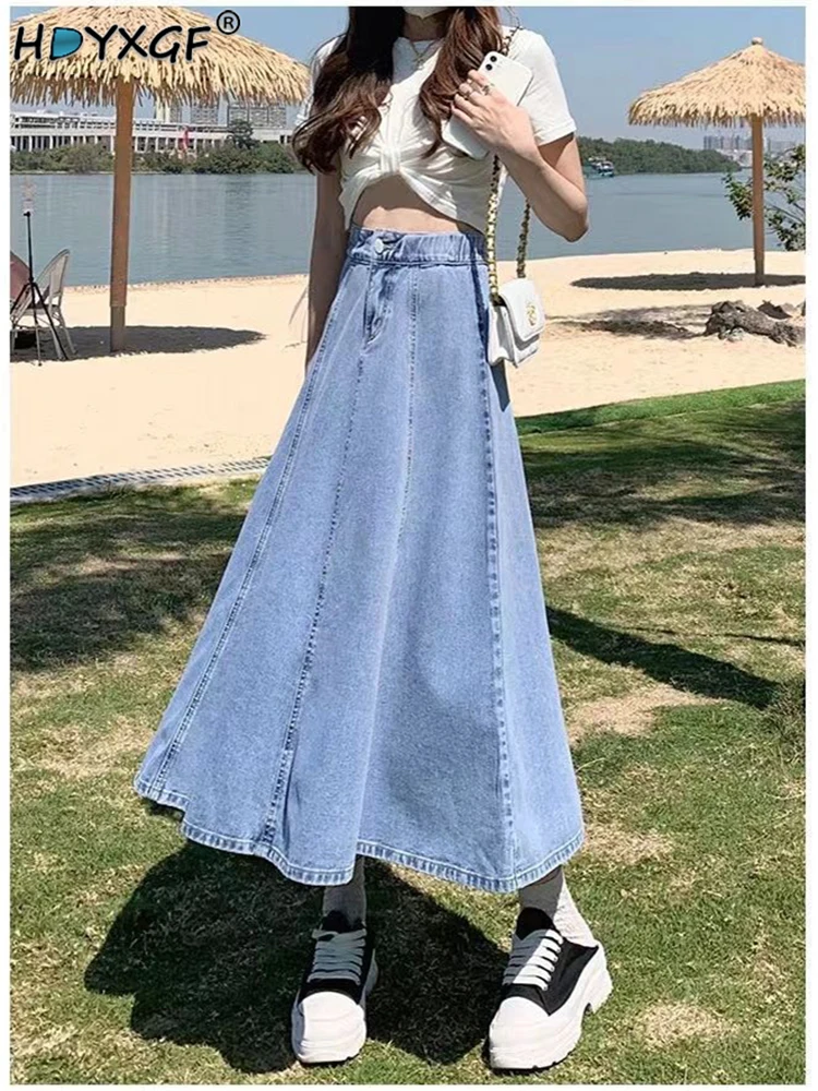 

Korean Fashion Retro Elastic High-Waisted Button Loose Pleated Versatile Denim Summer Women's Thin College Style Umbrella Skirts