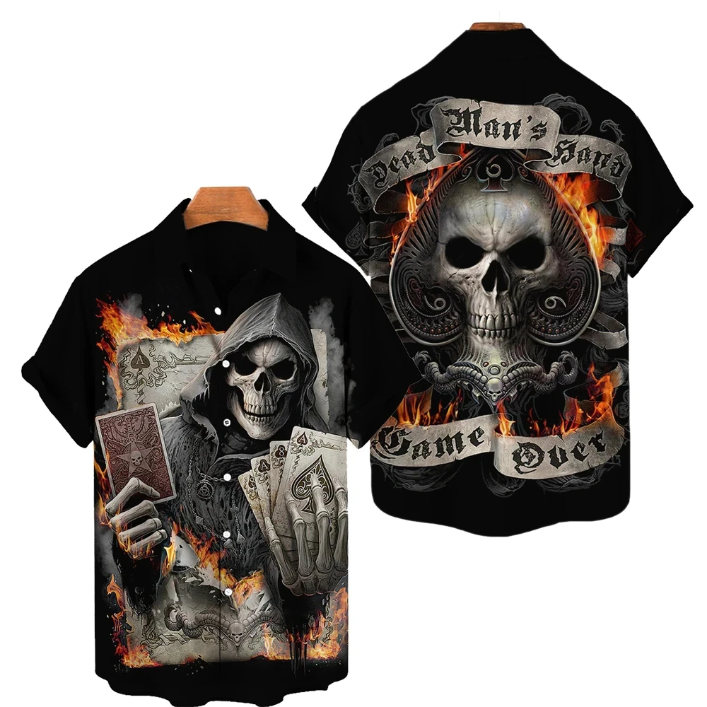 thumbnail image 1 of Camisa de manga corta para hombre, cómoda y transpirable, informal, con estampado 3D de calavera divertida, nueva de verano de 2024, con solapa y botones, talla grande, 1 of 4