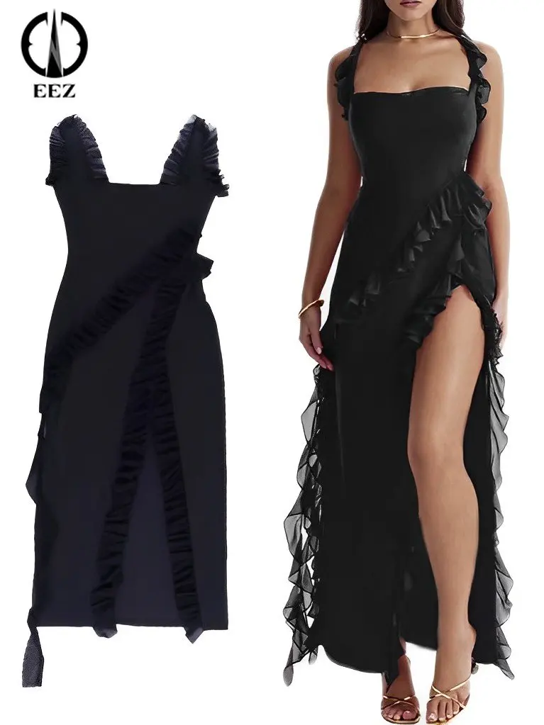 

Black Height Slit Ruffles Suspender Dress Women Sexy Sling Mesh Dresses 2023 Summer Spice Girl Slim Vacation Partywear Vestidos