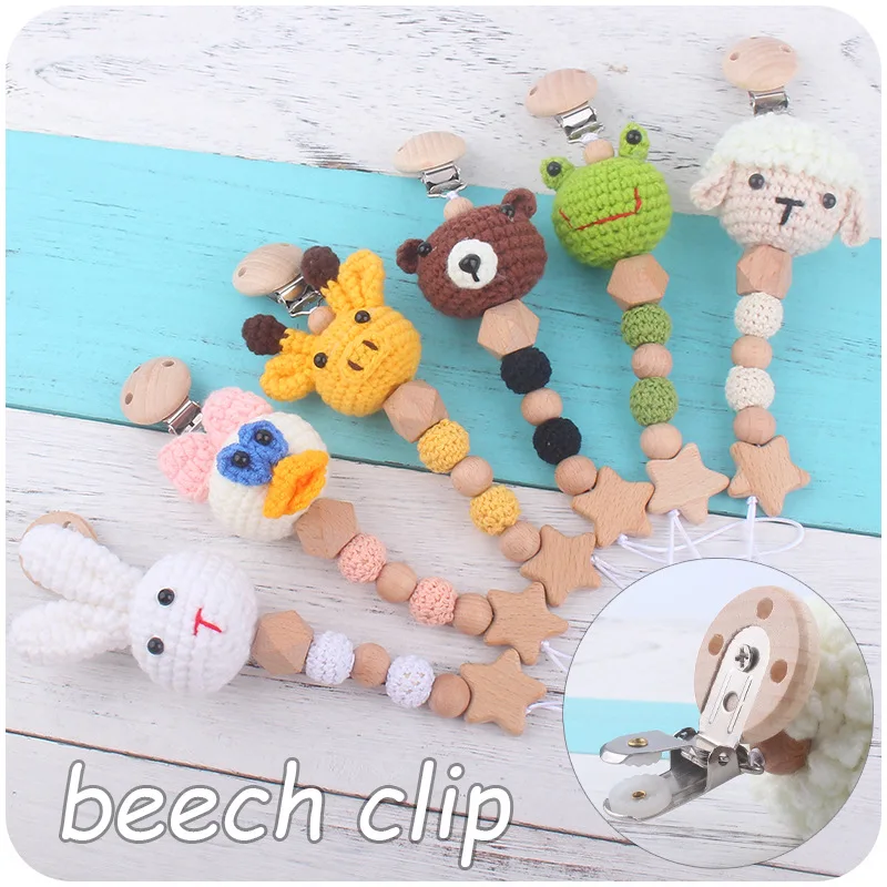 

Baby Teether Pacifier Chains DIY Crochet Handmade Animals Pacifier Clips Holder Chain Beech Soother Bracelet Nursing Birth Gift