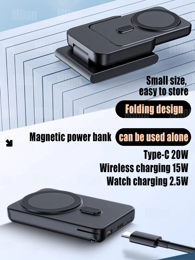 3 in 1 Wireless Charging Station Foldable Fast Charger Stand with Portable Battery Power Bank for MagSafe iPhone 15/14/13/12