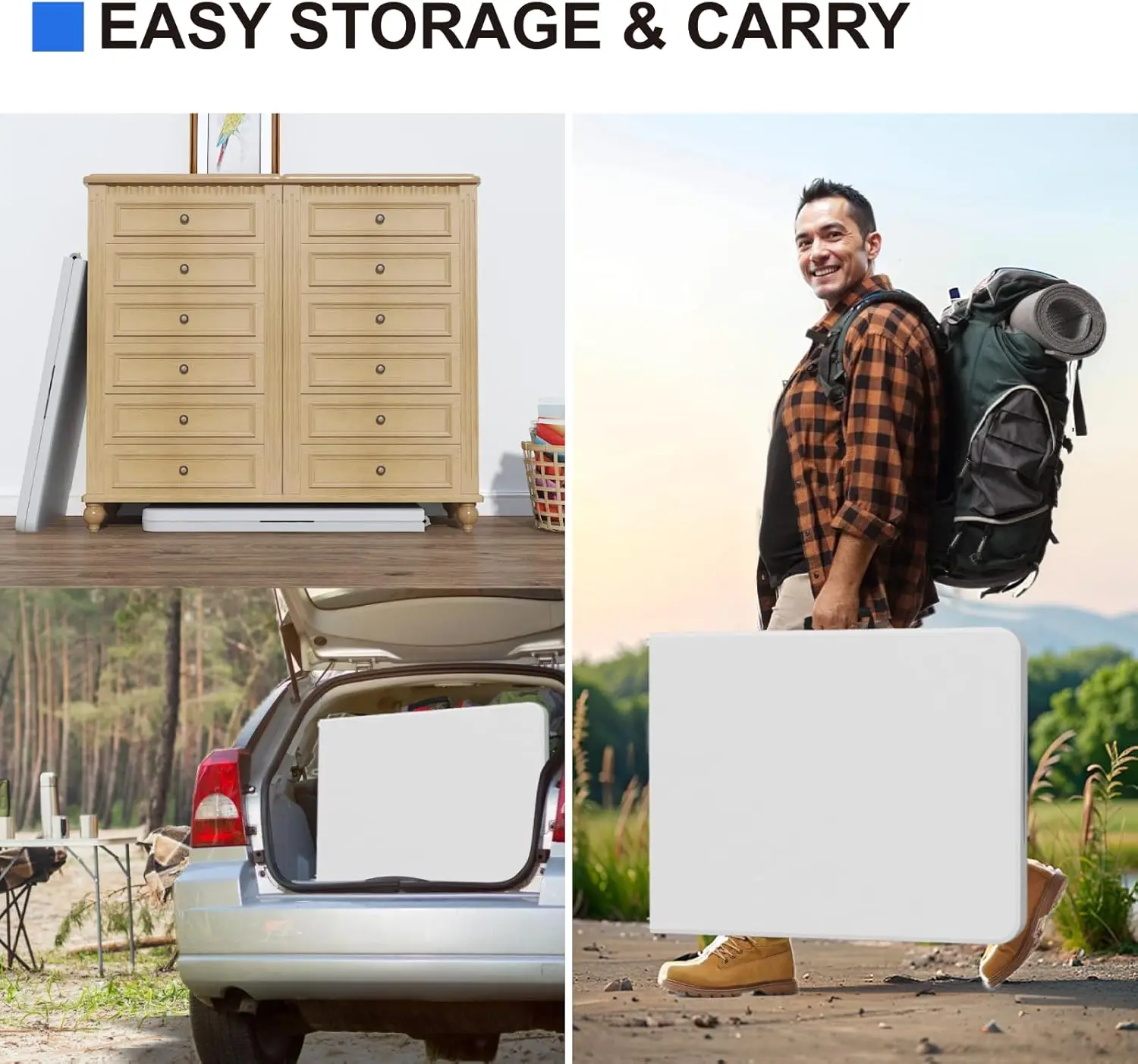 2 Pack Foldable Table 6ft, Plastic , Portable Heavy Duty Dining  with Lock Function & Carrying Handle, Outdoor Indoor Foldable