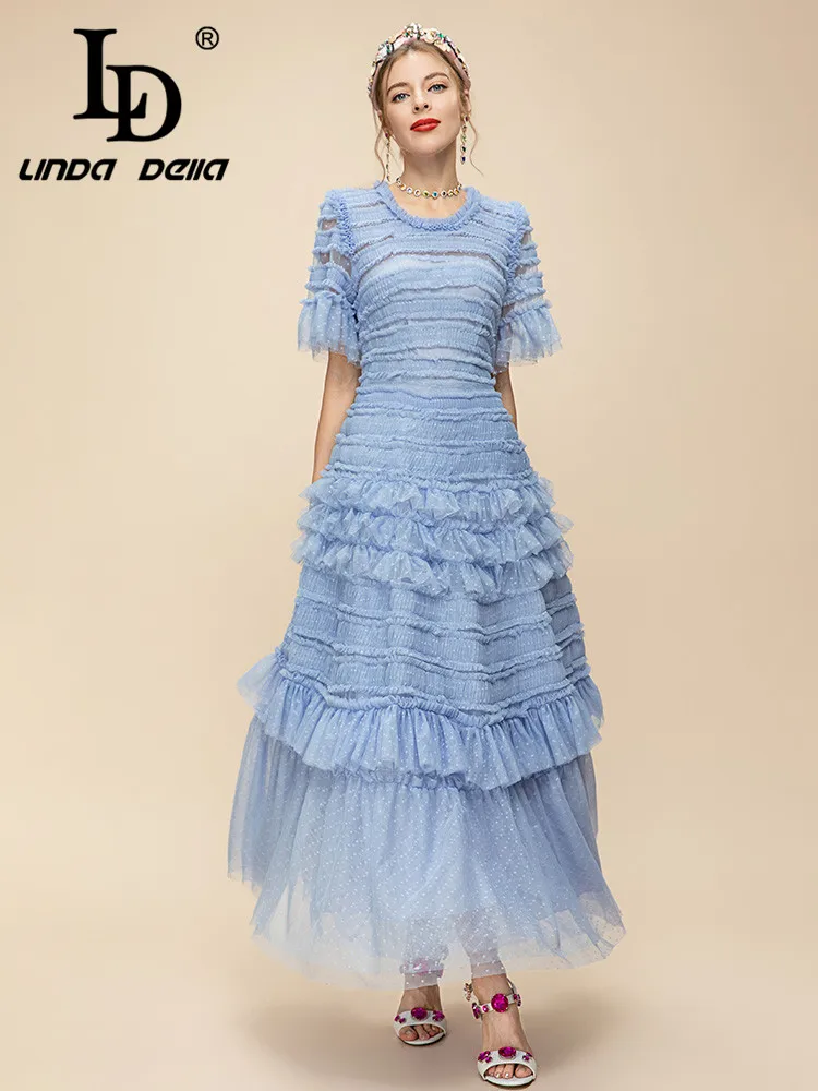 Ld Linda Della Lato W Nowym Stylu Elegancka Sukienka Damska Okrągła Niebieska Wysoki Dekolt Talia Kaskadowa Łączenie Koronkowe Długa Sukienka