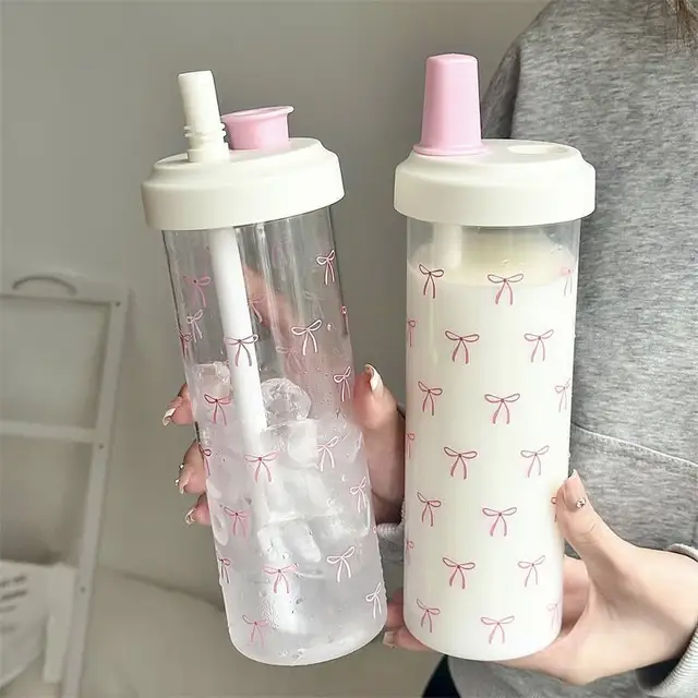 500/850ML Pink Bow Straw Water Bottle With Lid Cute Coffee Bubble Milk Tea Plastic Cup For Outdoor School Drinking Water Bottles 2