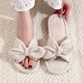 Women's Bow Flat Heel Slippers Home Non-slip Open-toe Breathable Slippers for All Season ladies Bedroom Fashion Soft Sole Slides