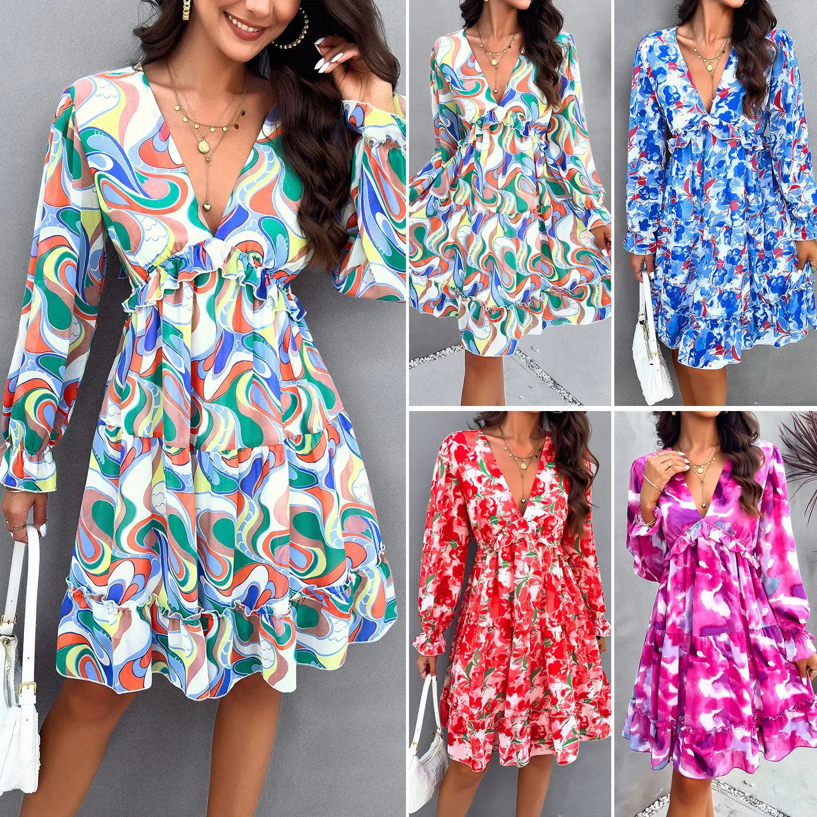 

Spring-summer Temperament Women's Printed V-neck Long-sleeved Dress