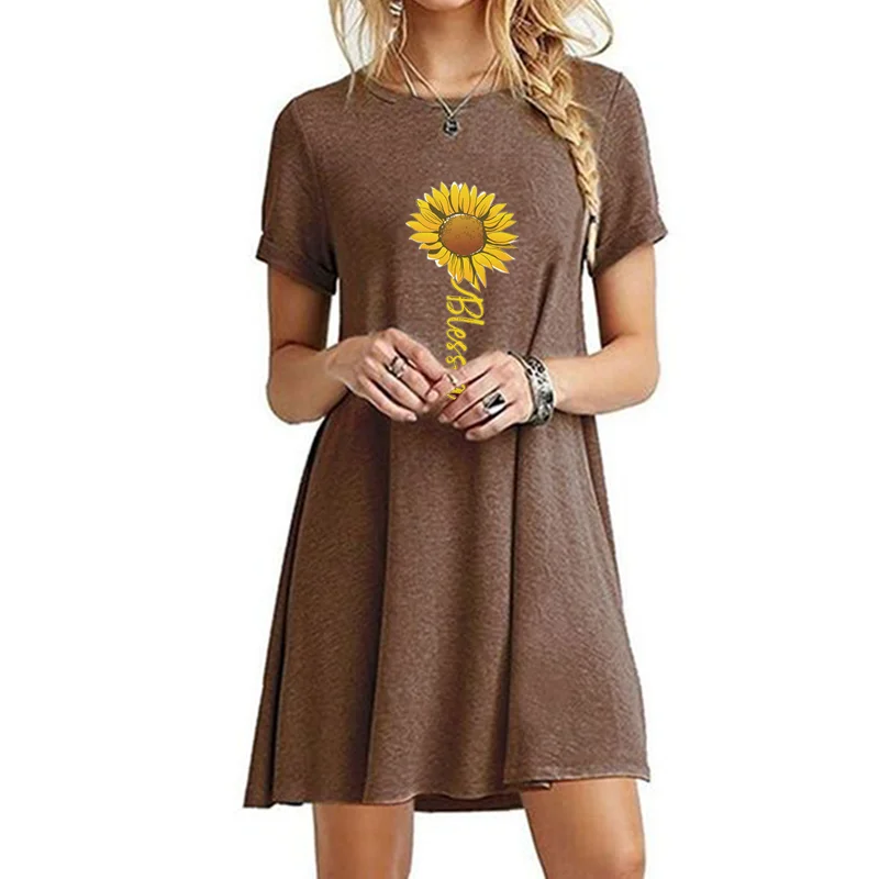 

Summer Women Dresses Fashion Short Sleeve Sunflower Printed Skirts Ladies Round Neck Above Knee Dress Casual Sexy Mini Skirts