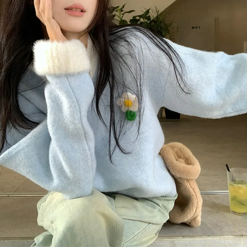 

2023 Autumn Winter New Stereo Flower Age Reducing Sweet Pull Femme Contrast Color Chic Sweater Y2k Loose Grunge Knit Jumpers