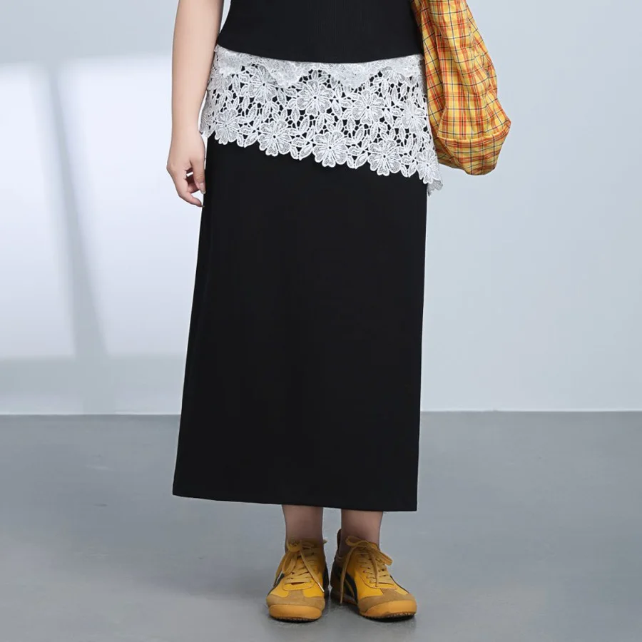 Lace Patchwork Cover The Hips A-Line Skirt Plus Size Women's Premium Chic Bohemian Woven Back Slit Skirt
