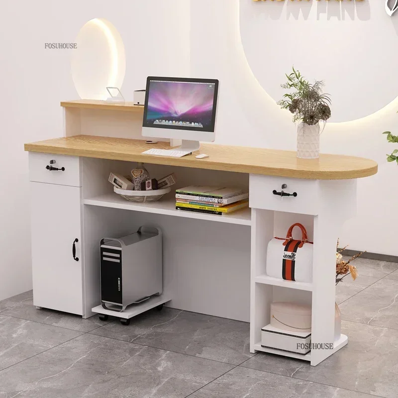 Modern Wooden Reception Desks Creative Clothing Store Cashier Counter Curved Bar Tables Office Reception Desk Office Furniture