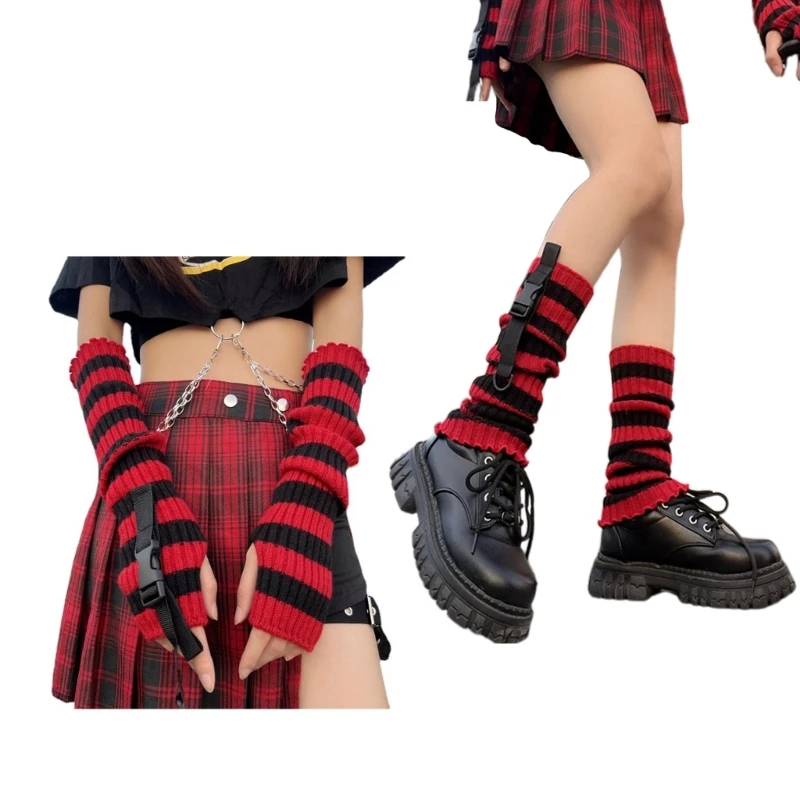 Knitted Arm Cover Lovely Stripe Pattern Knees High Sock Thigh High Loose Stocking for Student Lady Girl Color Matching