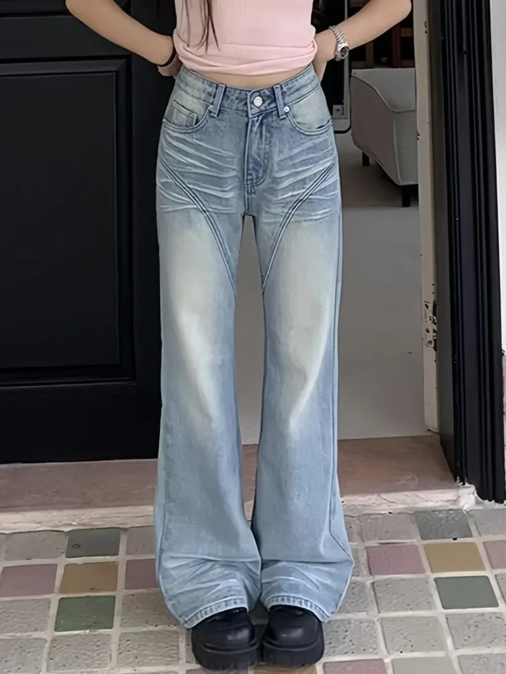 

Washed crease micro denim jeans female summer new pocket printing high-waisted drag pants American retro