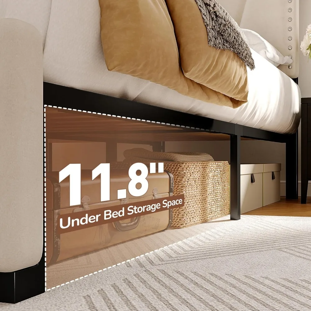 King Size Bed Frame, Storage Headboard Platform Bed with Charging Station and LED Lights, Sturdy Wooden Slats Support 6