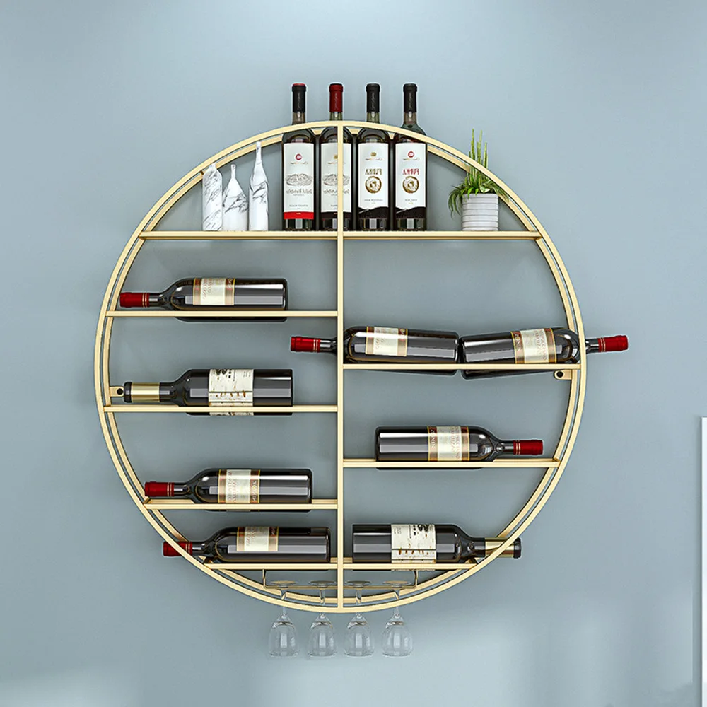 

Wall Mounted Circular Storage Rack Plane Display Wine Rack Modern Wall Liquor Store Gold Wine Rack Display Wall Display Rack