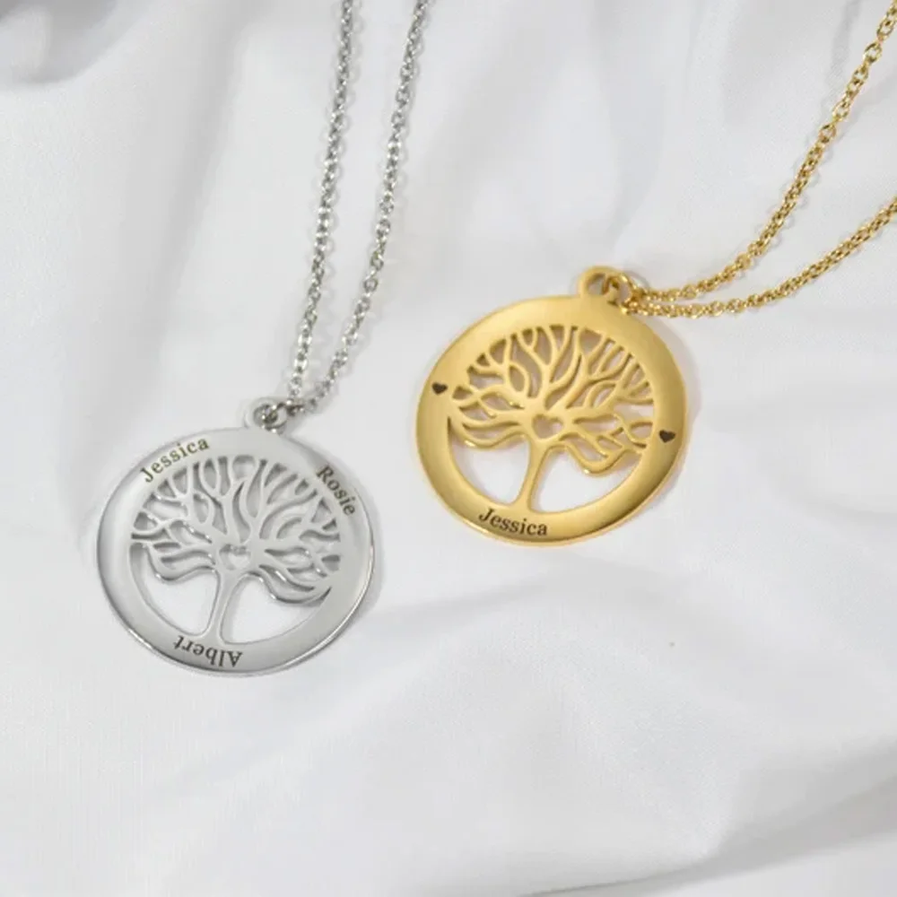 

Stainless Steel Round Tree of Life Pendant Women Necklace Personalized Custom Engraving Three Name Necklace Fashion Jewelry Gift