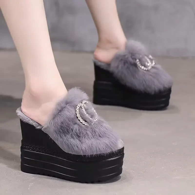 Inside Increase Thick Bottom Muffin Fluffy Half Slippers Female Autumn Winter Outside Wear Wedge High Heel Slippers 13cm Zapatos